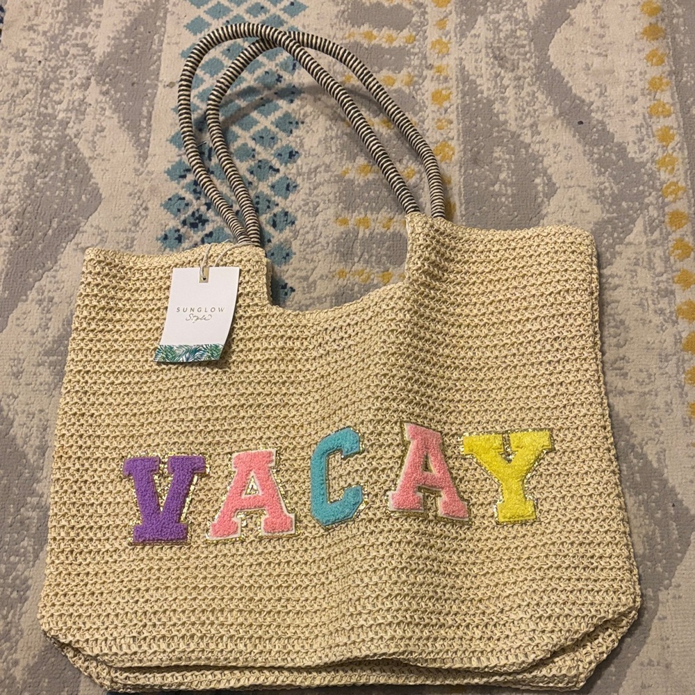 "VACAY" Straw Tote Bag in Natural 15" x 18" NWT